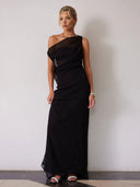 Elegant One-Shoulder Ruched Waist Flowy Maxi Dress