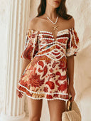 Exquisite Bohemian Paisley Print Off-Shoulder Mini Dress