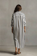 Deep V-Neck Stripe Printed Shirt Dress