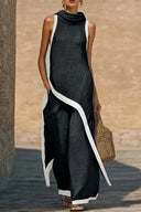 Color Contrast Design Irregular Hem Top And Wide Leg Pants Set