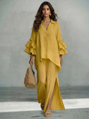 Casual Ruffle Sleeve V-Neck Top & High Waist Wide Leg Pants Set
