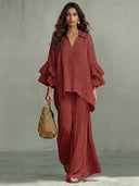 Casual Ruffle Sleeve V-Neck Top & High Waist Wide Leg Pants Set