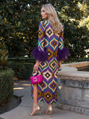 Elegant Geometric Print Feather Cuff Satin Maxi Dress