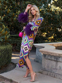 Elegant Geometric Print Feather Cuff Satin Maxi Dress