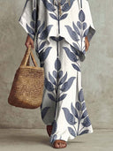 Casual Leaf Print Batwing Sleeve Loose Two-Piece Set