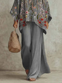 Retro Print Bohemian Batwing Sleeve Shirt & Pants Two-Piece Set
