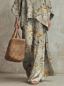 Retro Floral Print Loose Top & Wide-Leg Pants Two-Piece Set