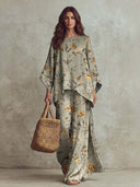 Retro Floral Print Loose Top & Wide-Leg Pants Two-Piece Set