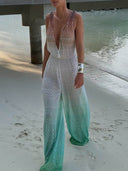 Elegant Gradient Crochet Deep V Wide-Leg Jumpsuit