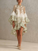 Elegant Vintage Print Ruffle Flare Sleeve Mini Dress