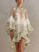Elegant Vintage Print Ruffle Flare Sleeve Mini Dress