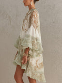 Elegant Vintage Print Ruffle Flare Sleeve Mini Dress
