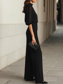 Elegant Puff Sleeve Chiffon Blouse & Pants Two-Piece Set
