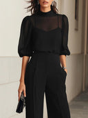 Elegant Puff Sleeve Chiffon Blouse & Pants Two-Piece Set
