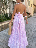 Exquisite Striped Floral Jacquard Backless Layered Maxi Dress