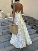 Exquisite Striped Floral Jacquard Backless Layered Maxi Dress