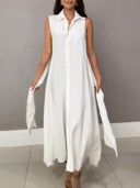 Unique Shirt Style Single-breasted Tie Midi Dress