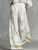 Elegant Butterfly Print Zip-Up Top & Wide Leg Pants Set