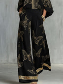 Elegant Butterfly Print Zip-Up Top & Wide Leg Pants Set