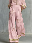 Elegant Butterfly Print Zip-Up Top & Wide Leg Pants Set