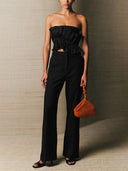 Elegant Strapless Ruffle Crop Top & Wide-Leg Pants Two-Piece Set