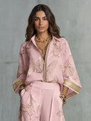 Elegant Butterfly Print Zip-Up Top & Wide Leg Pants Set