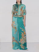 Unique Satin Botanical Floral Print Loose Two-Piece Set