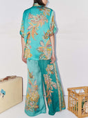 Unique Satin Botanical Floral Print Loose Two-Piece Set