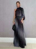 Elegant Gradient Polka Dot One-Shoulder Chiffon Two-Piece Set