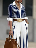 Elegant Striped Shirt & High Waist Wide Leg Pants Set