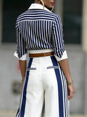 Elegant Striped Shirt & High Waist Wide Leg Pants Set