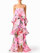 Elegant Pink Floral Spaghetti Strap Tiered Ruffle Flowy Maxi Dress