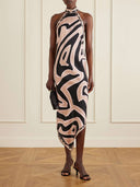 Elegant Geometric Print Halter Neck Satin Midi Dress