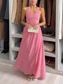 Elegant Halter Neck Ruched Waist Flowing Maxi Dress