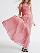 Elegant Halter Neck Ruched Waist Flowing Maxi Dress