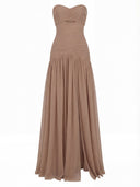 Elegant Strapless Ruched Mesh Maxi Dress