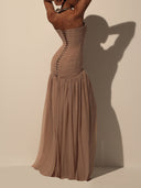 Elegant Strapless Ruched Mesh Maxi Dress