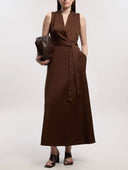 Elegant Sleeveless V-Neck Tie-Waist Satin Maxi Dress