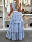 Casual Resort Striped Button-Front Tiered Ruffle Maxi Dress