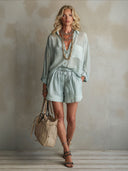 Casual Loose-fitting Shirt And Drawstring Shorts Two-piece Set