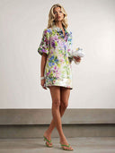 Elegant Floral Print Sequin Top & Skirt Two-Piece Set