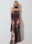 Smocked Bodice Tropical Leaf Print Spaghetti Strap Maxi Dress