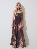 Smocked Bodice Tropical Leaf Print Spaghetti Strap Maxi Dress