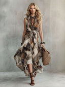 Retro Geometric Print Tie-Waist Maxi Dress