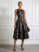 Elegant Gold Floral Jacquard Midi Dress