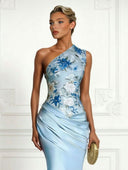 Elegant One-Shoulder Draped Satin Floral Maxi Dress