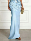 Elegant One-Shoulder Draped Satin Floral Maxi Dress