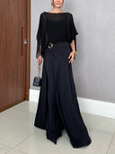 Elegant Chiffon Cape Top & Wide-Leg Pants Two-Piece Set
