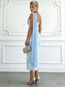 Elegant One-Shoulder Embroidered Lace Draped Midi Dress