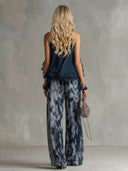 Elegant Halter Ruffle Chiffon Top & Abstract Print Wide-Leg Pants Two-Piece Set